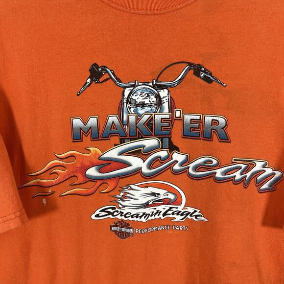 VTG 2001 Harley Davidson T Shirt Men XL Orange TNT Quincy IL Double Sided STAINS - Picture 9 of 15